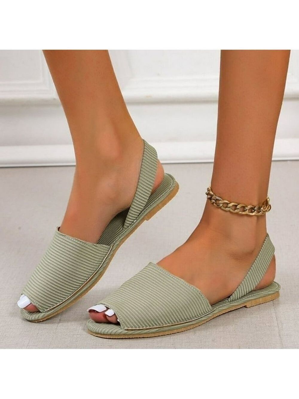 9.5 • Sage Green Ribbed Fish Mouth Flat Slingback Casual Sandals